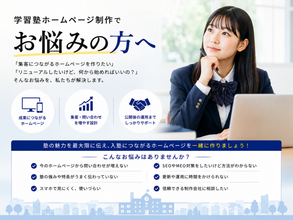 学習塾ホームページ制作のお悩みを解決し集客・問い合わせ・入塾につなげるWeb制作