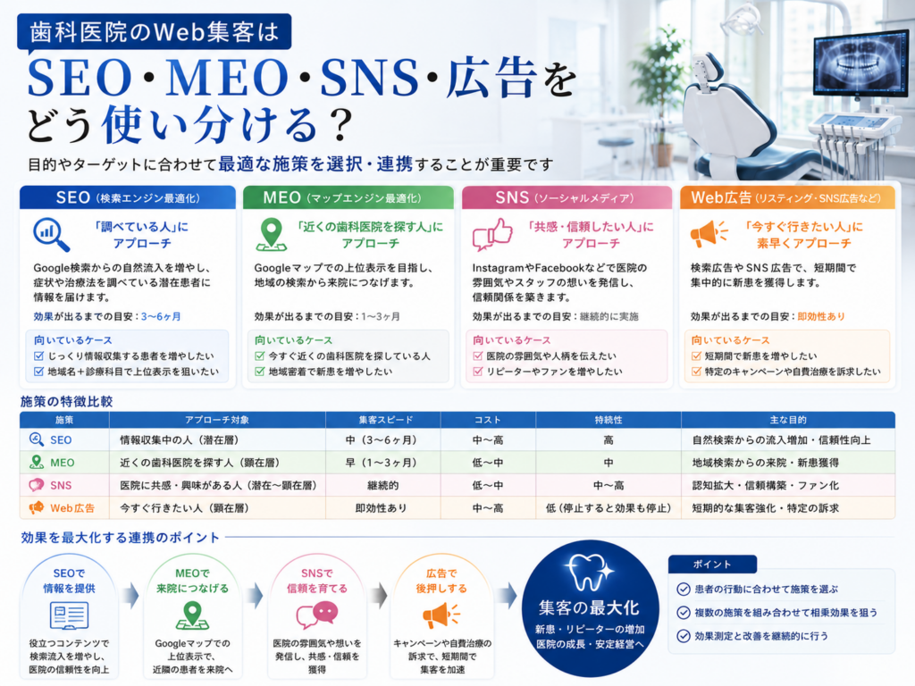 歯科医院のWeb集客でSEO・MEO・SNS・Web広告を目的別に使い分ける方法