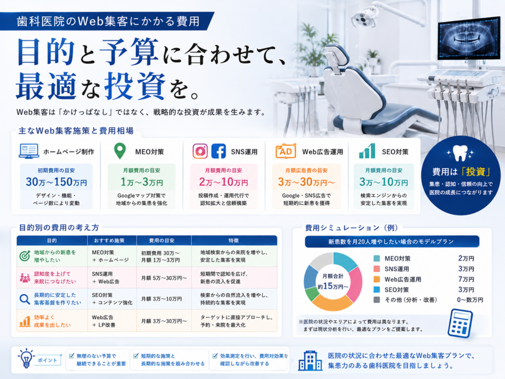 歯科医院のWeb集客にかかる費用｜SEO・MEO・Web広告・SNS・ホームページ制作の費用相場