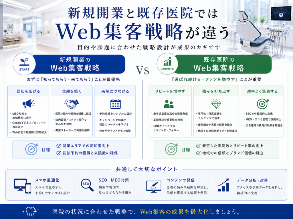 新規開業と既存の歯科医院で異なるWeb集客戦略｜SEO・MEOを活用した新患獲得と集客改善