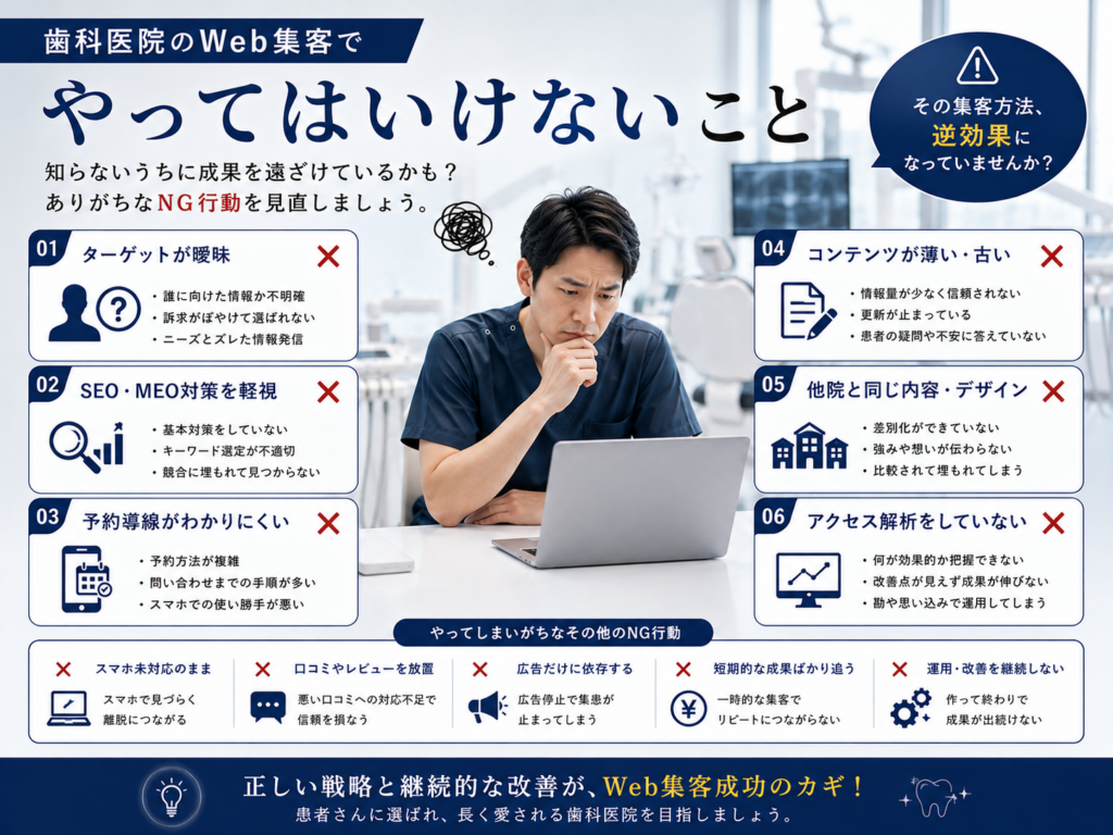 歯科医院のWeb集客でやってはいけないこと｜SEO・MEO・予約導線・コンテンツ運用の注意点