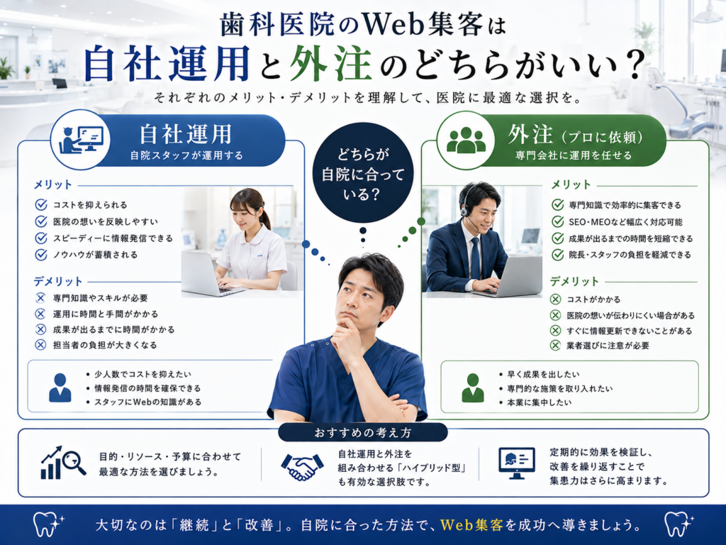 歯科医院のWeb集客は自社運用と外注のどちらがいいか｜メリット・デメリットと選び方を比較