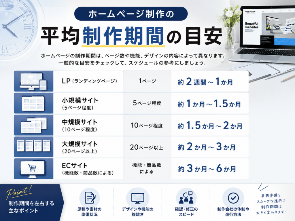ホームページ制作の制作期間はどれくらい?LP・企業サイト・ECサイトの平均制作期間と公開までの目安