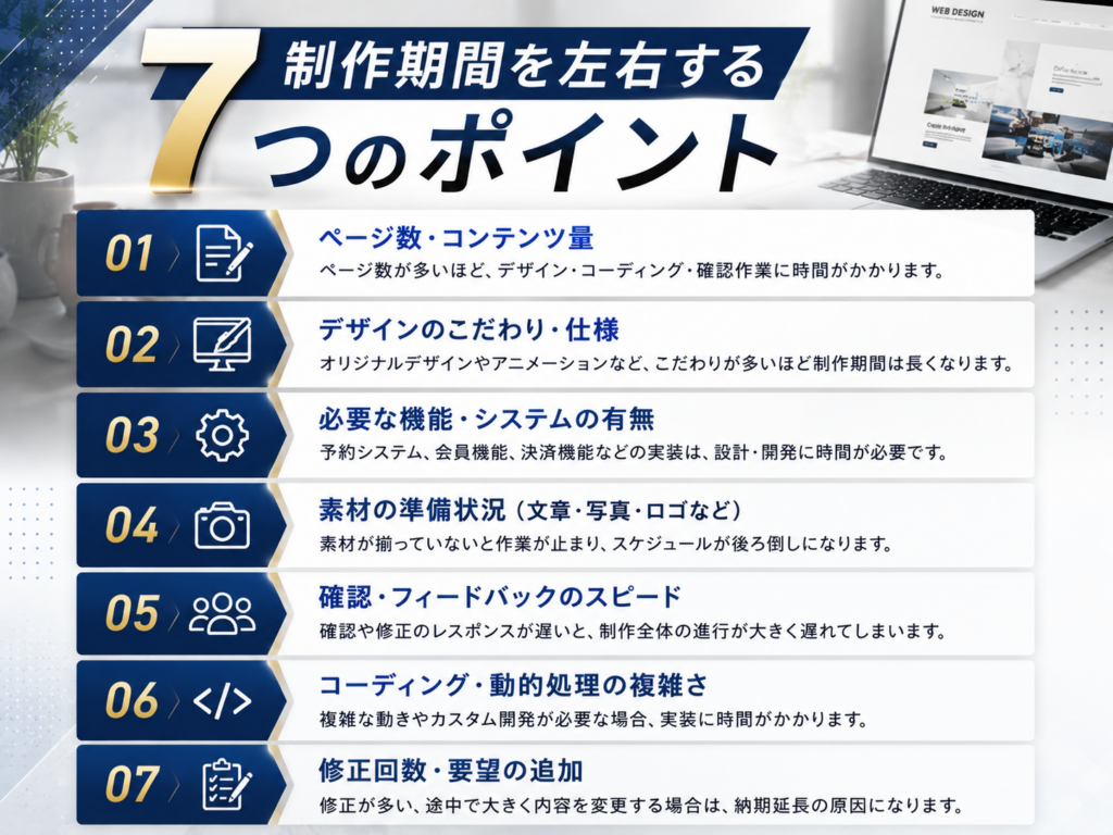 ホームページ制作の制作期間は何で決まる?ページ数やデザイン、機能、素材準備など制作期間を左右する7つのポイントをまとめ