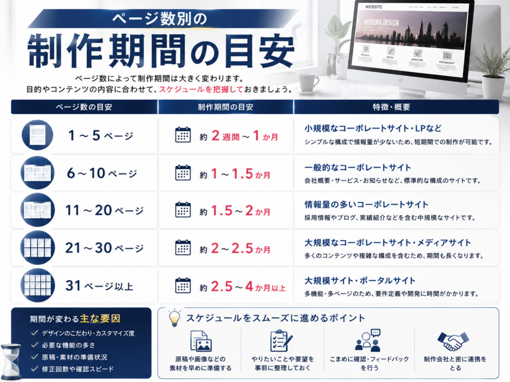 ホームページ制作のページ数別制作期間の目安を1〜5ページから31ページ以上まで比較し、公開までのスケジュールを解説