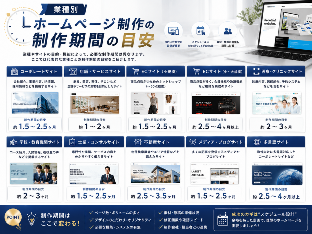 ホームページ制作の制作期間を業種別に比較し、建設業・美容室・クリニック・士業・製造業などの公開までの目安や制作期間の違いを解説