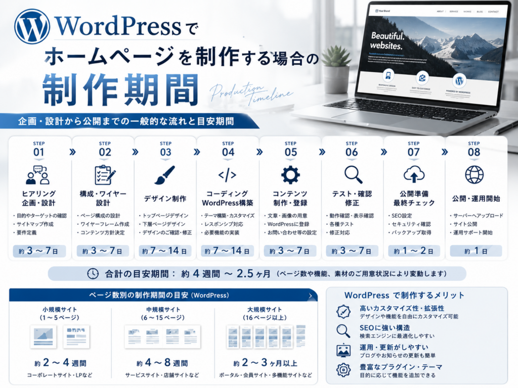 WordPressでホームページを制作する場合の制作期間をページ数別の目安や制作工程、公開までの流れ、SEOに強いメリットとあわせて解説