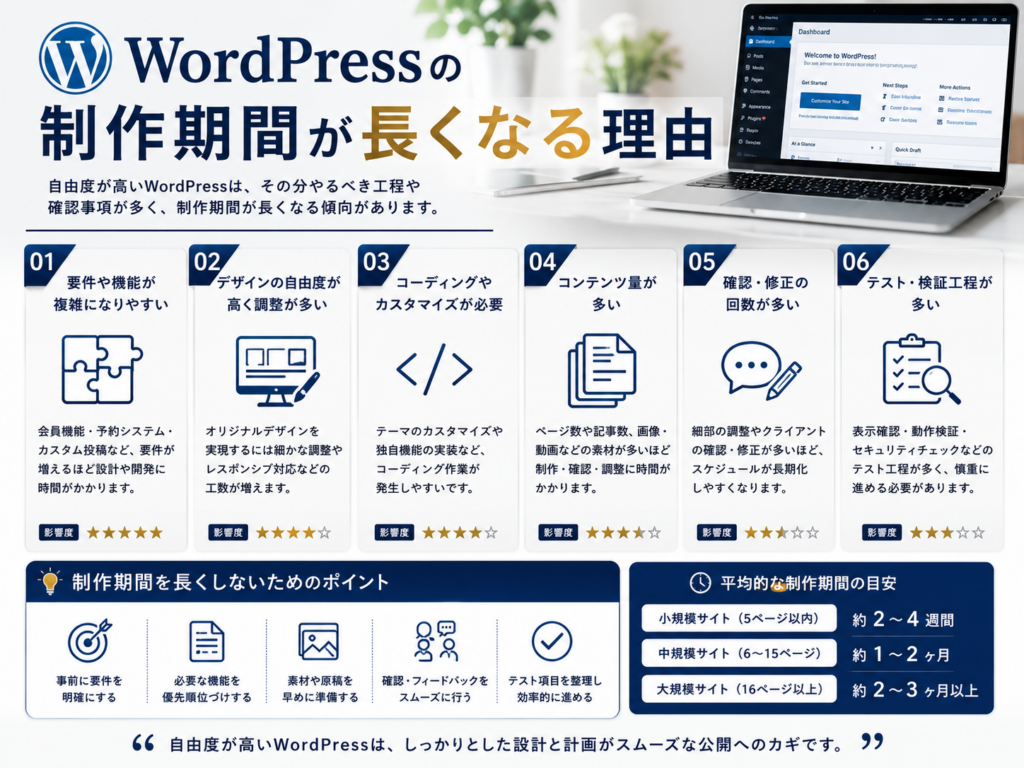 WordPressのホームページ制作期間が長くなる理由を要件定義やカスタマイズ、SEO設定、コンテンツ量、修正回数、テスト工程とあわせて分かりやすく解説
