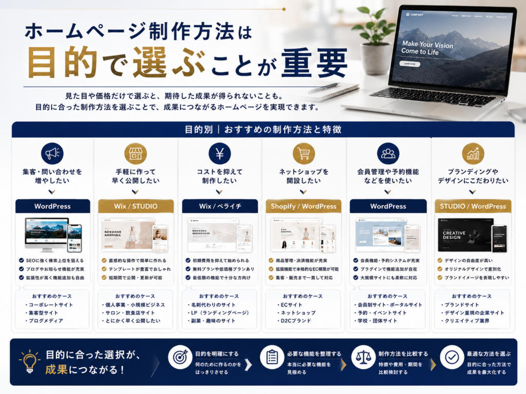 ホームページ制作方法は目的で選ぶことが重要。WordPress・STUDIO・Wix・Shopifyを集客、SEO対策、ECサイト、ブランディング、予約機能など目的別に比較