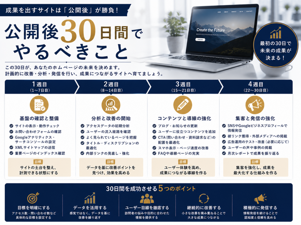ホームページ公開後30日間でやるべきことを1週目から4週目までのスケジュールで解説し、SEO対策、Google Search Console、Google Analytics、コンテンツ更新、集客施策のポイント
