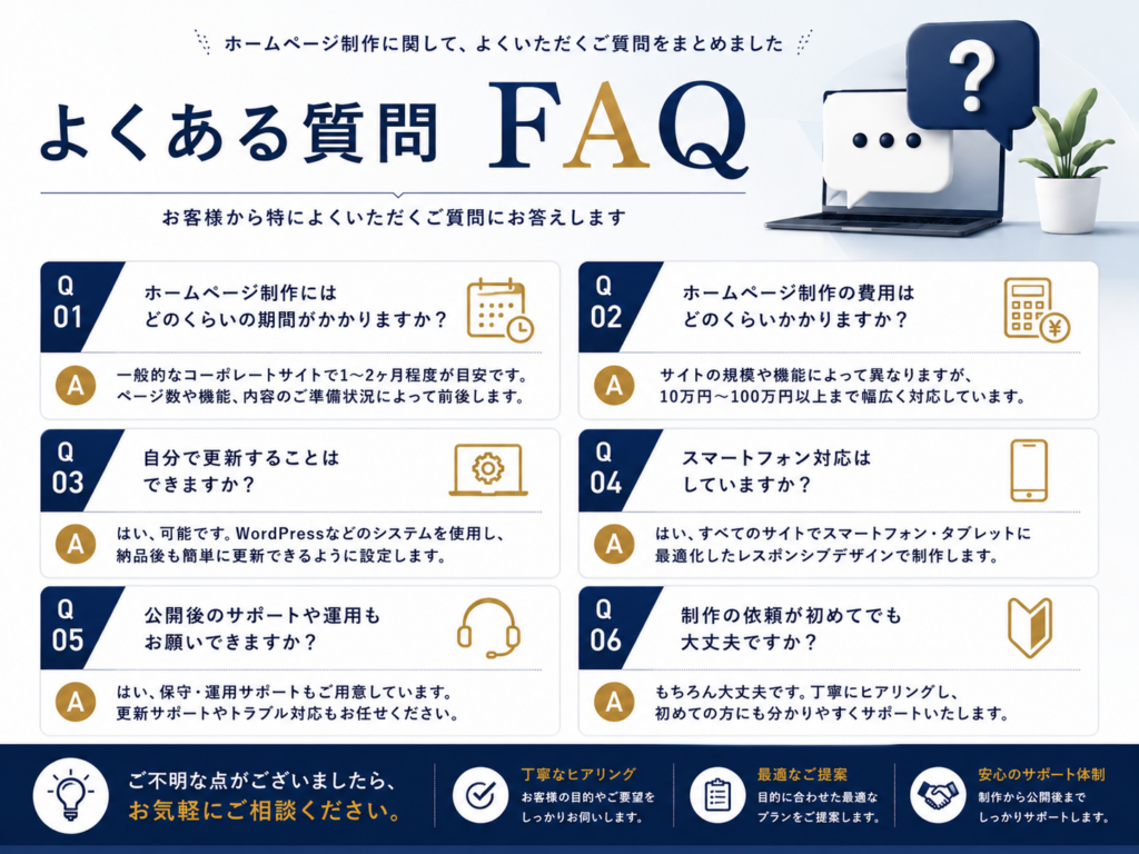 ホームページ制作のよくある質問(FAQ)を制作期間、費用、SEO対策、WordPress、スマホ対応、公開後の保守運用、コンテンツ制作、初めてホームページを制作する方向けの疑問まで分かりやすく解説