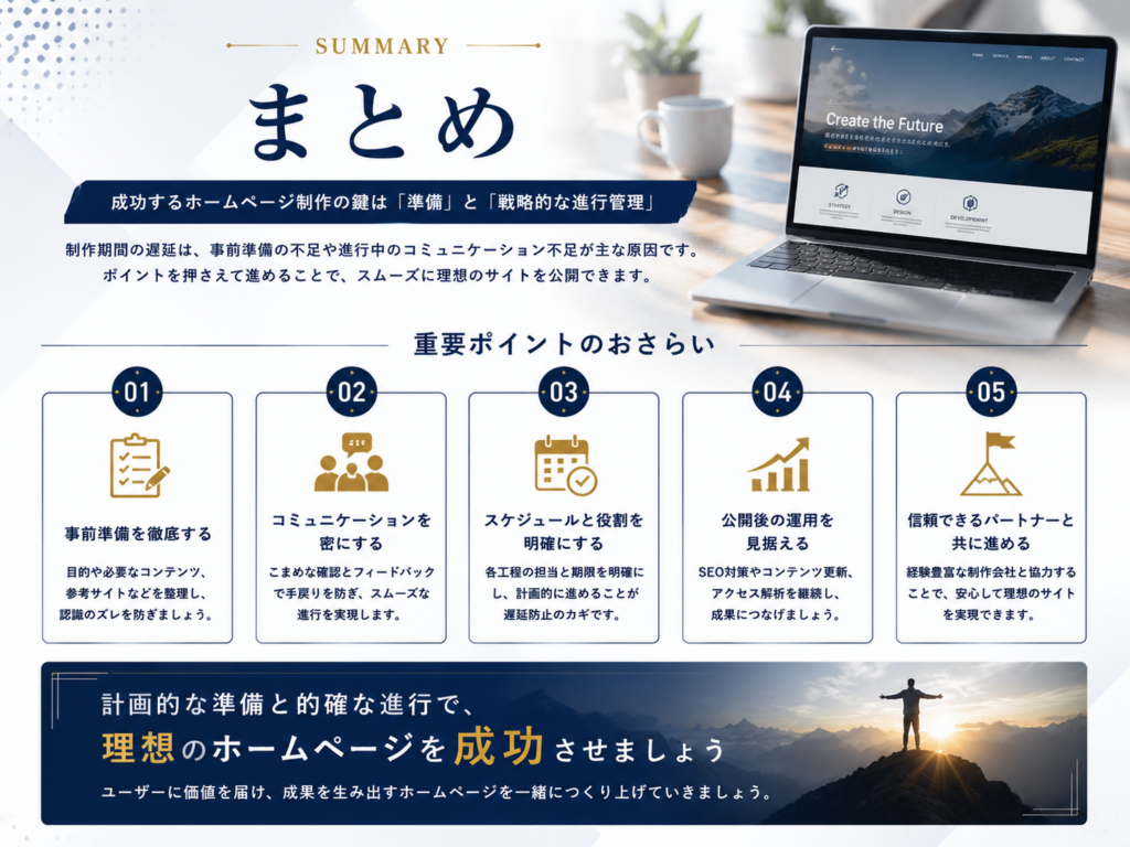 ホームページ制作の制作期間に関するまとめとして、事前準備、進行管理、スケジュール管理、公開後の運用、SEO対策まで成功するホームページ制作の重要ポイントを分かりやすく解説