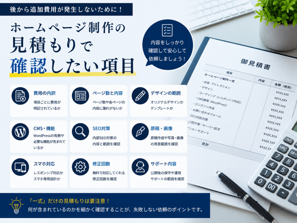 ホームページ制作の見積もりで確認したい費用内訳・ページ数・SEO対策・修正回数・サポート内容