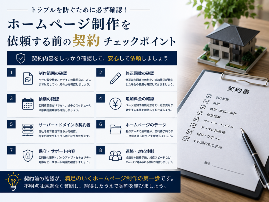 ホームページ制作を依頼する前に確認したい契約内容・納期・追加料金・修正回数・保守サポート