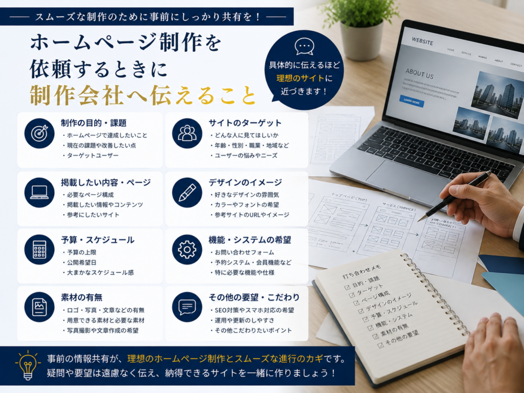ホームページ制作を依頼するときに制作会社へ伝える目的・ターゲット・予算・ページ構成・希望機能