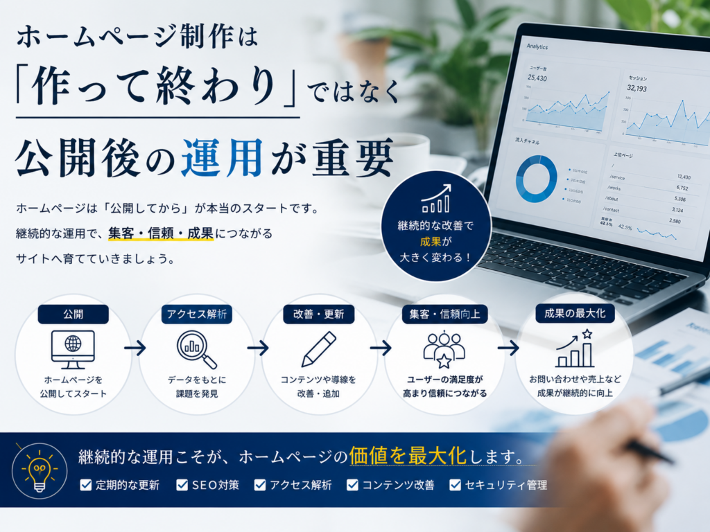 ホームページ制作は作って終わりではなく公開後のSEO対策・アクセス解析・改善など継続的な運用が重要