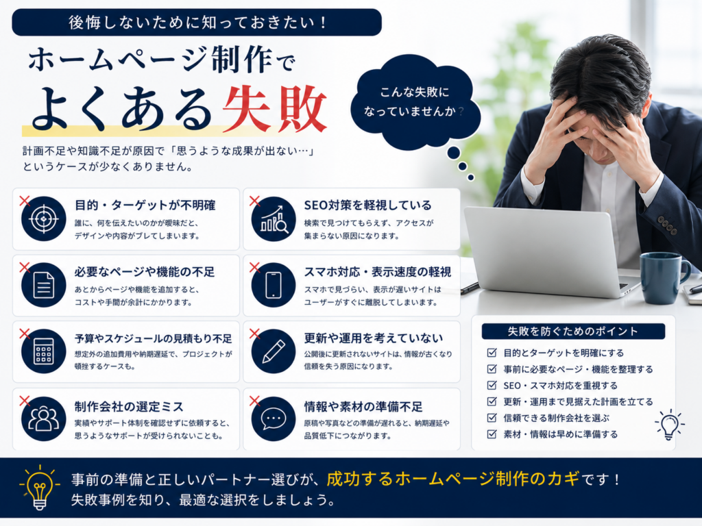 ホームページ制作でよくある失敗と依頼前に確認したいSEO対策・予算・制作会社選び・公開後の運用