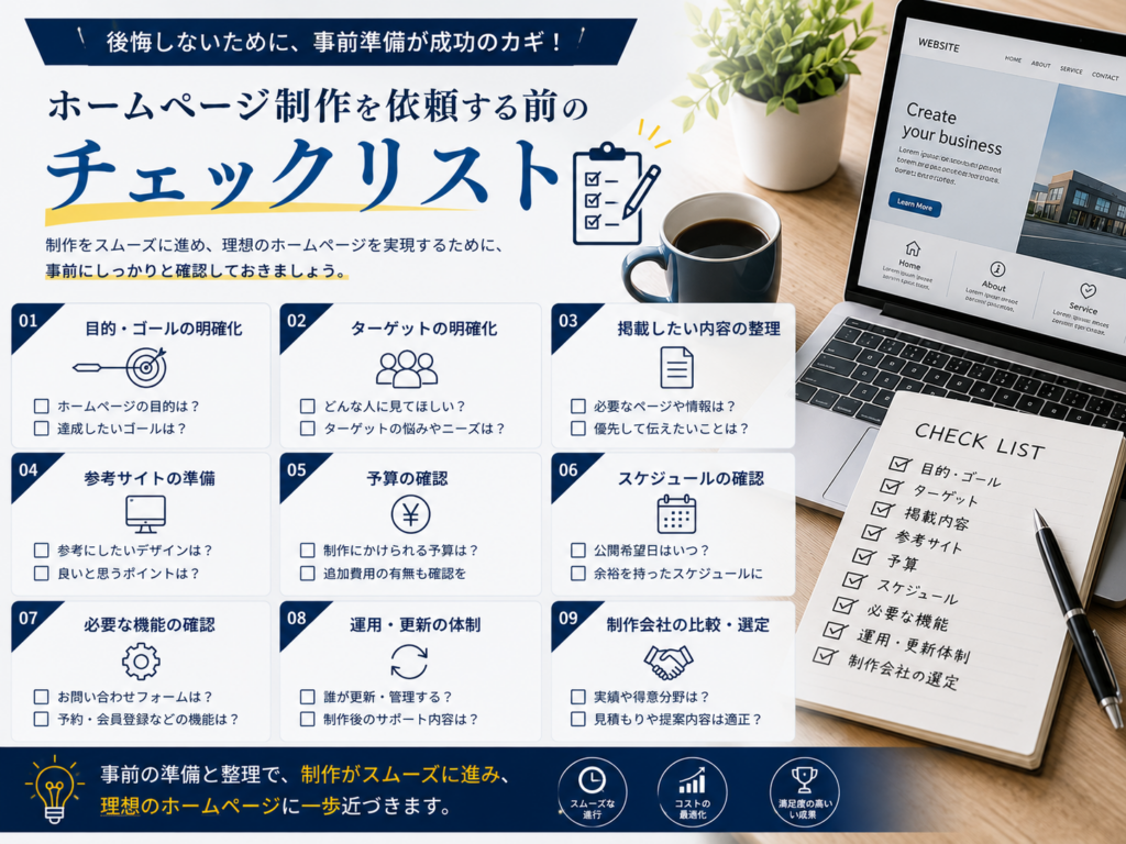 ホームページ制作を依頼する前に確認したい目的・ターゲット・予算・必要な機能・制作会社選びのチェックリスト