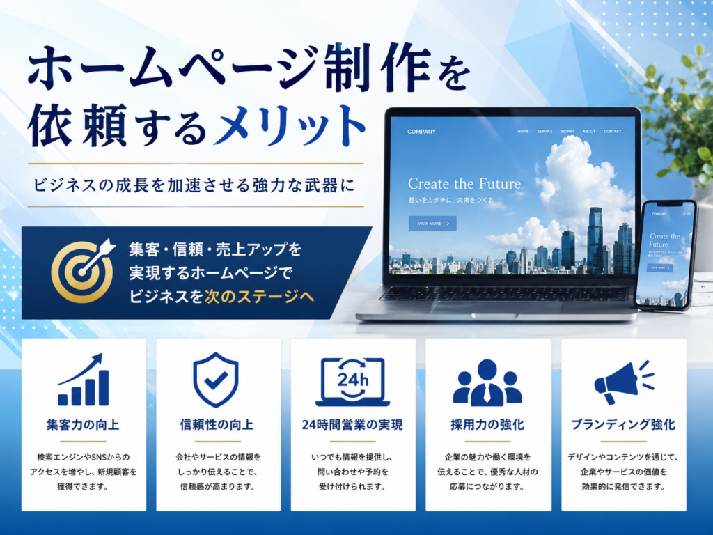 ホームページ制作を依頼するメリットについて、集客力向上、信頼性向上、24時間営業、採用強化、ブランディング強化を分かりやすく紹介