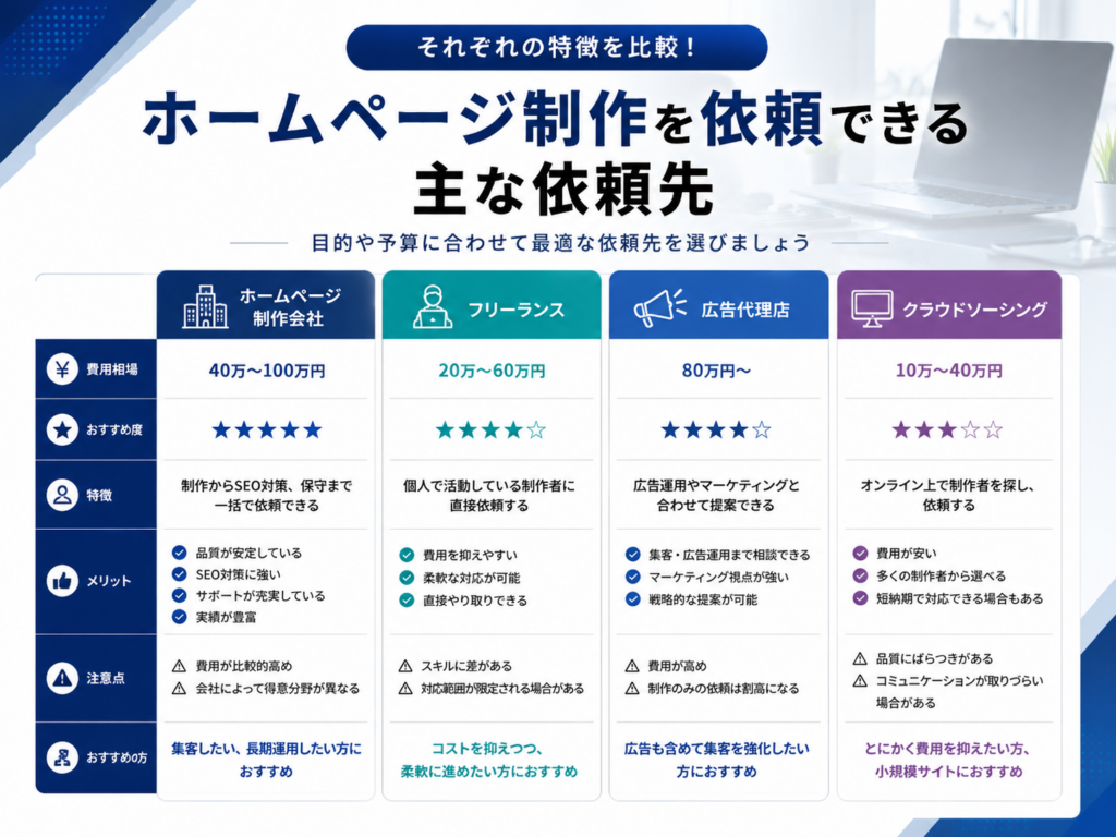 ホームページ制作を依頼できる主な依頼先について、ホームページ制作会社、フリーランス、広告代理店、クラウドソーシングの特徴や費用相場、おすすめの選び方を分かりやすく比較