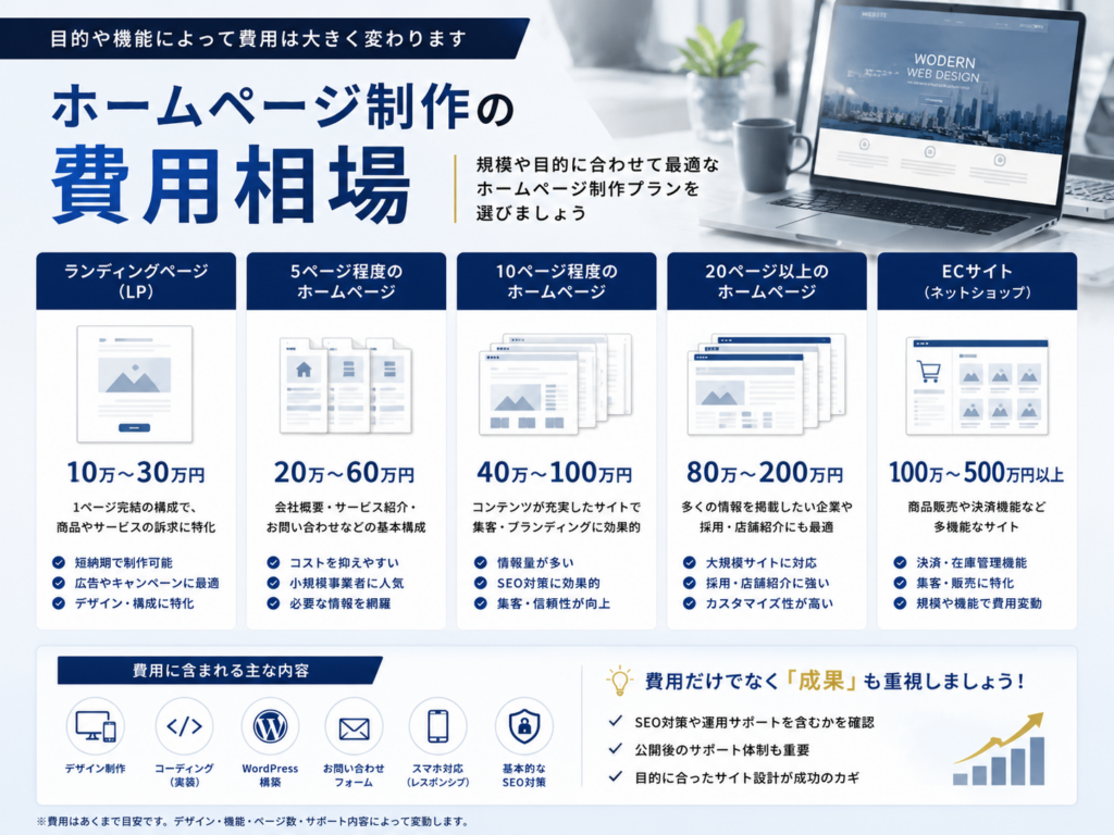 ホームページ制作の費用相場を解説し、ランディングページ、企業ホームページ、ECサイトの制作費用やサービス内容の違いを比較