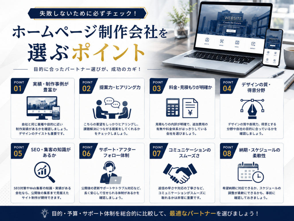 ホームページ制作会社を選ぶポイントを解説し、制作実績、提案力、料金、デザイン、SEO対策、サポート体制、コミュニケーション、納期など失敗しない選び方を紹介