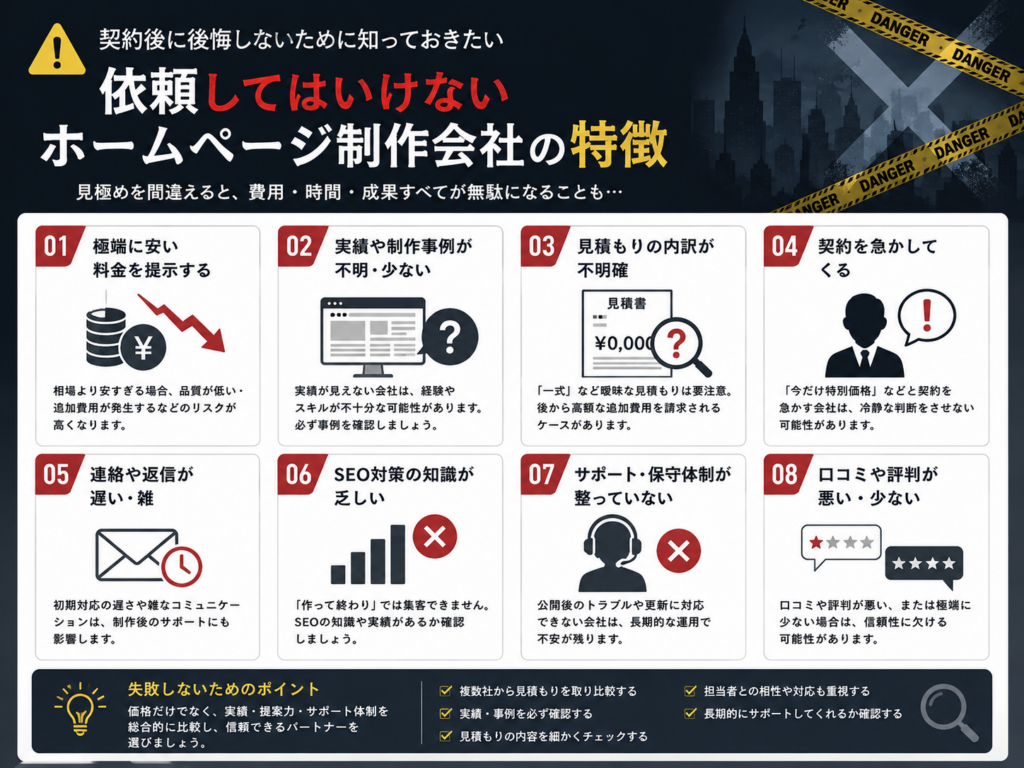 依頼してはいけないホームページ制作会社の特徴を紹介し、料金の安さだけで選ぶリスク、制作実績、見積もり内容、SEO対策、サポート体制など失敗しないホームページ制作会社の選び方を解説