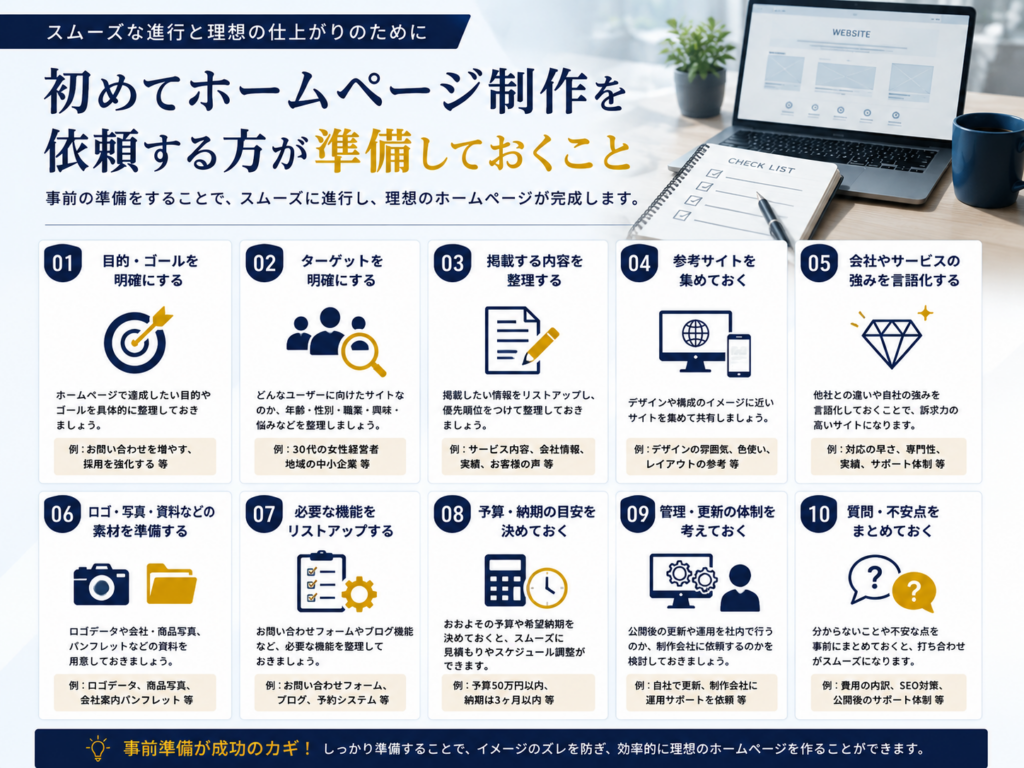 初めてホームページ制作を依頼する方が準備しておくことについて、目的やターゲットの整理、掲載内容、写真・ロゴ、予算、スケジュールなど依頼前の準備ポイントを図解で紹介