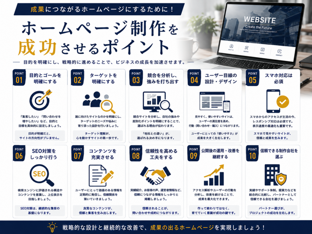 ホームページ制作を成功させるポイントについて、目的設定、ターゲット分析、SEO対策、ユーザー目線の設計、スマートフォン対応、コンテンツ充実、公開後の改善、信頼できる制作会社の選び方を図解