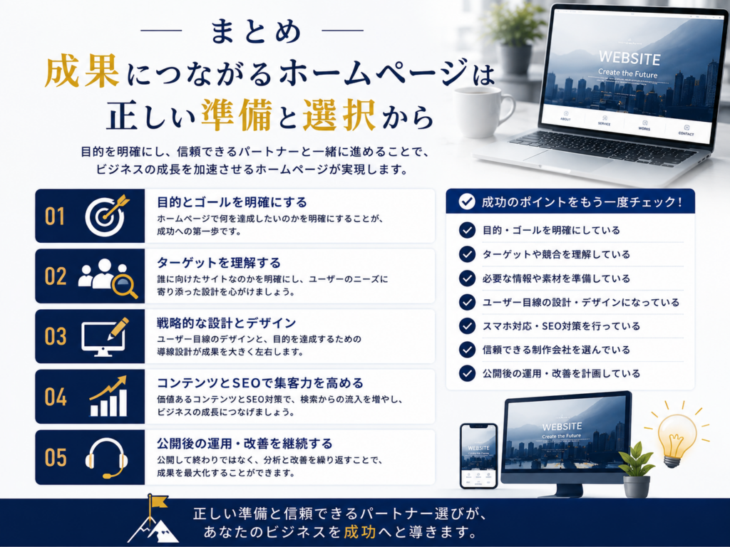ホームページ制作のまとめとして、成果につながるホームページ制作のポイント、目的設定、制作会社選び、SEO対策、公開後の運用改善までを図解で紹介