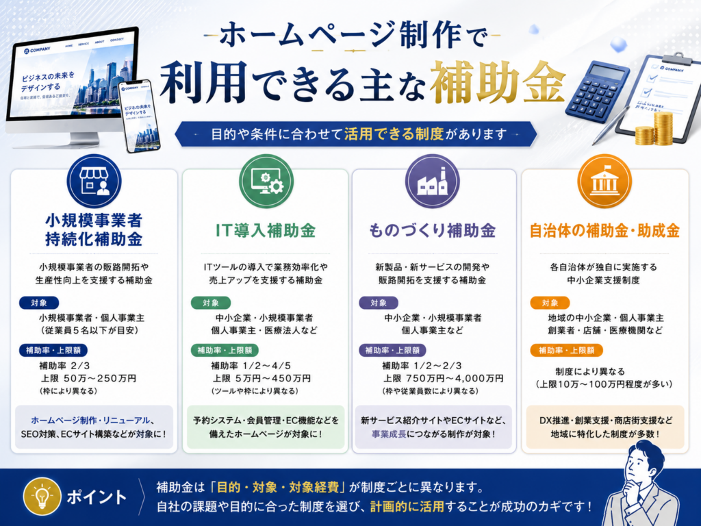 ホームページ制作で利用できる主な補助金の種類を比較・解説