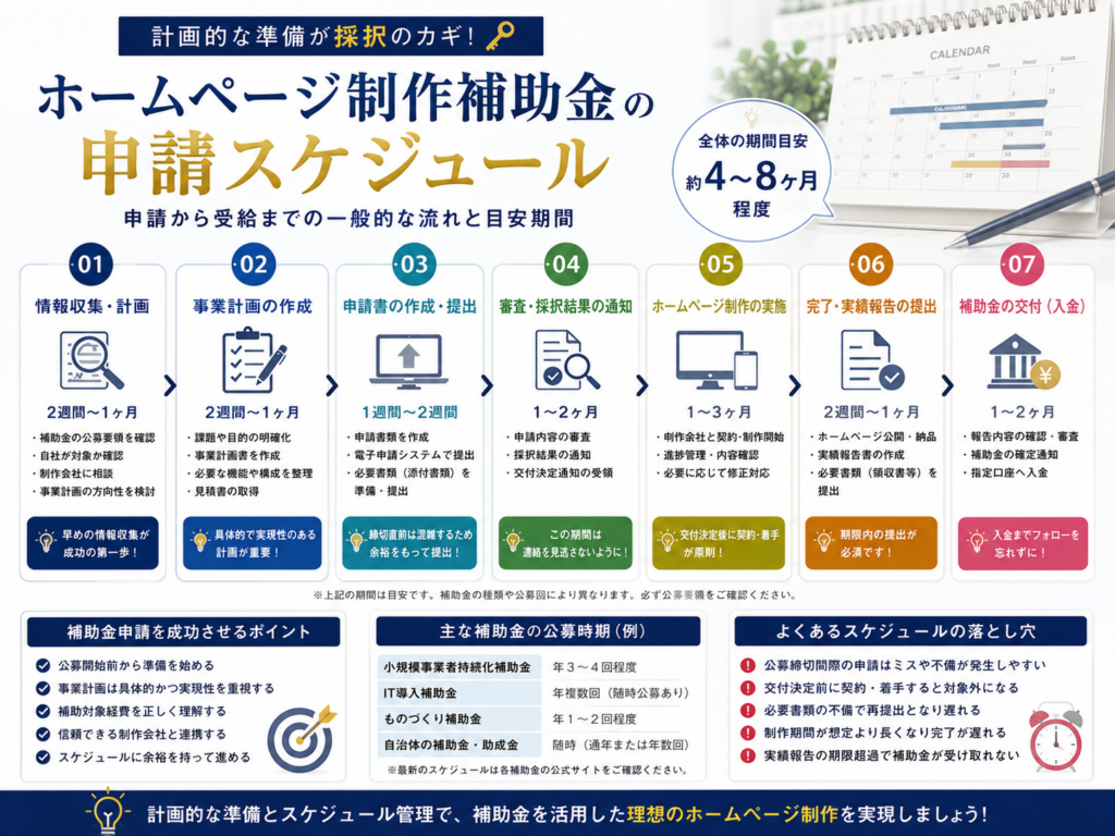 ホームページ制作補助金の申請スケジュールや申請から採択、交付までの流れを分かりやすく解説