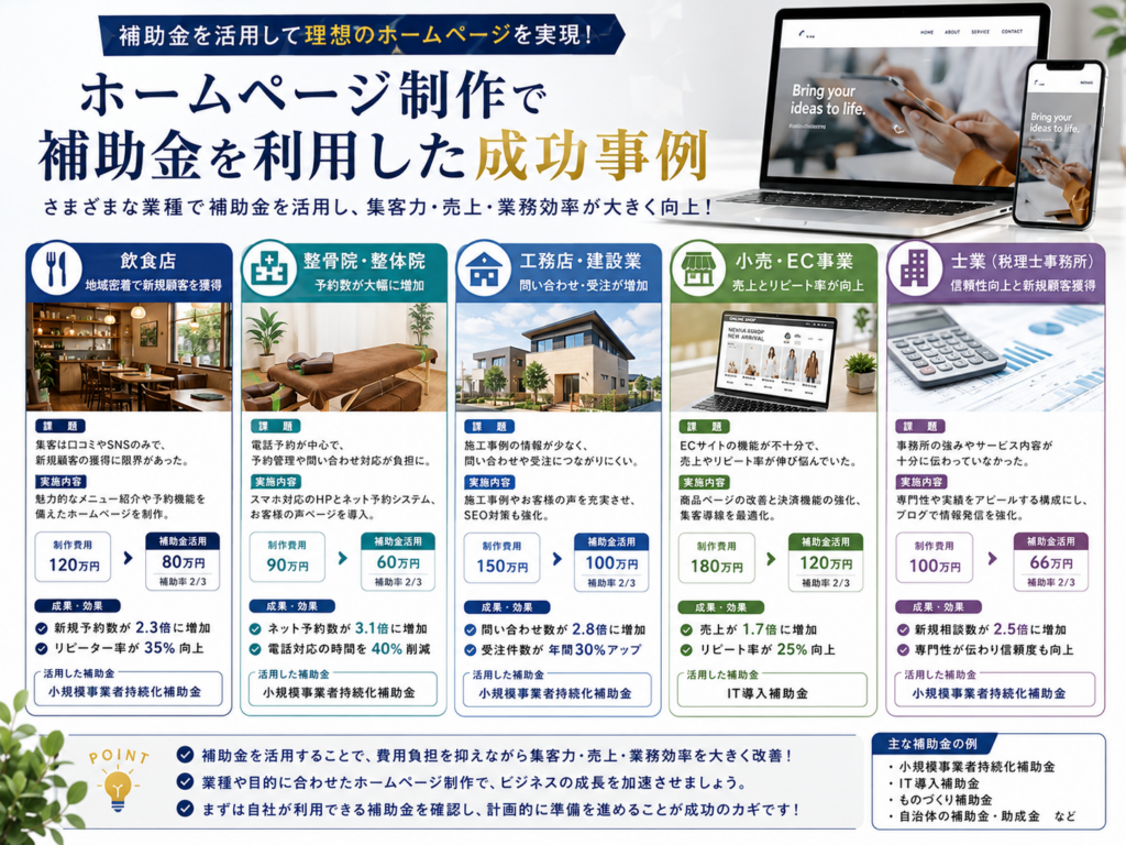 ホームページ制作で補助金を利用した成功事例を業種別に分かりやすく紹介