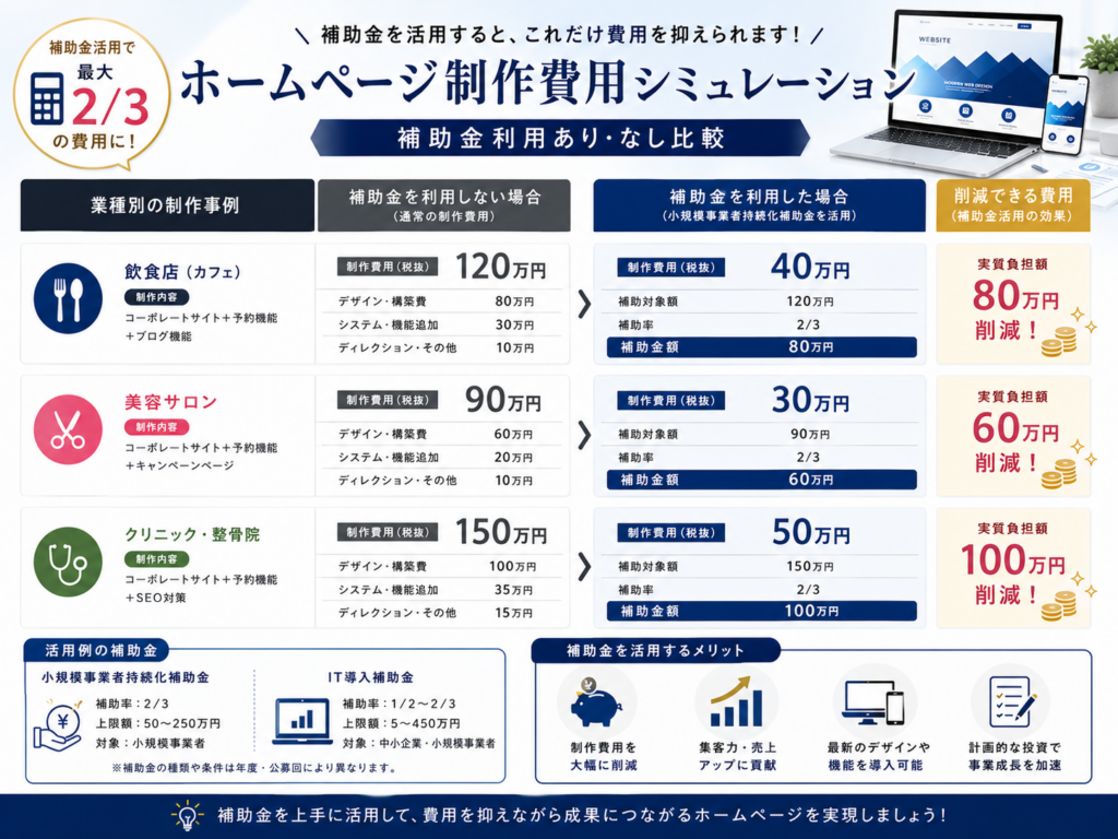 ホームページ制作費用シミュレーションとして補助金利用あり・なしの費用比較や削減効果を分かりやすく解説
