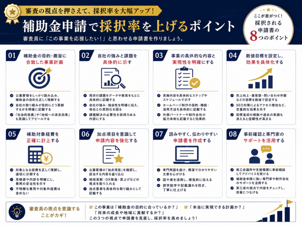 ホームページ制作補助金の申請で採択率を上げるポイントや審査で評価されるコツを分かりやすく解説