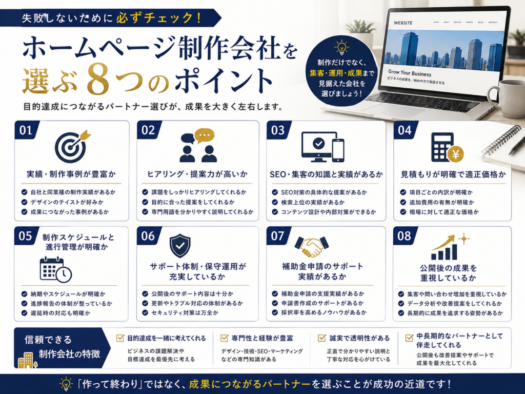 ホームページ制作会社を選ぶポイントや補助金申請サポート、SEO対策の実績を分かりやすく解説