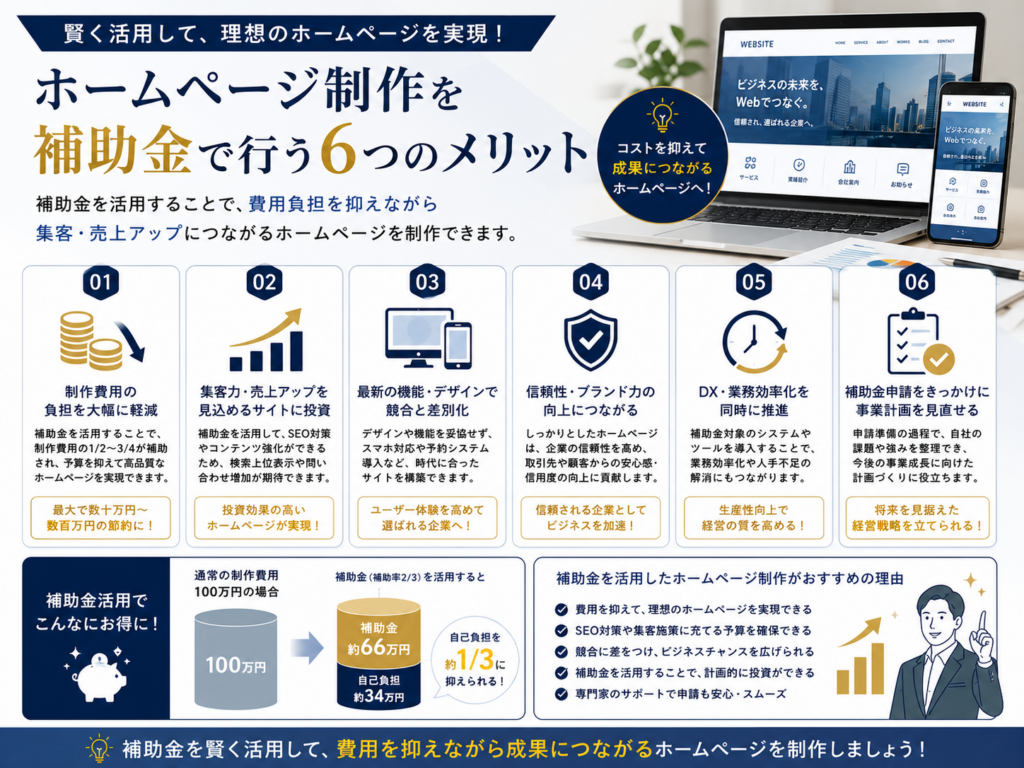 ホームページ制作を補助金で行うメリットや費用削減、SEO対策、集客効果を分かりやすく解説
