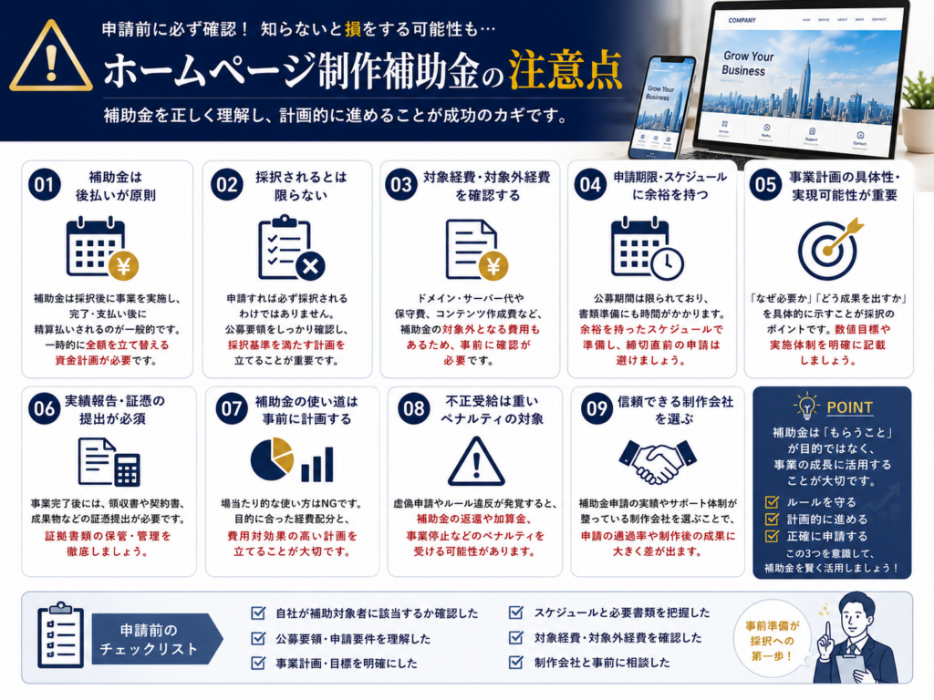ホームページ制作補助金の注意点や申請前に確認すべきポイント、対象条件を分かりやすく解説