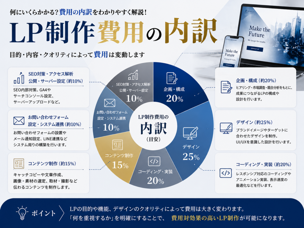 LP制作費用の内訳を企画・デザイン・コーディング・コンテンツ制作・SEO対策ごとに解説
