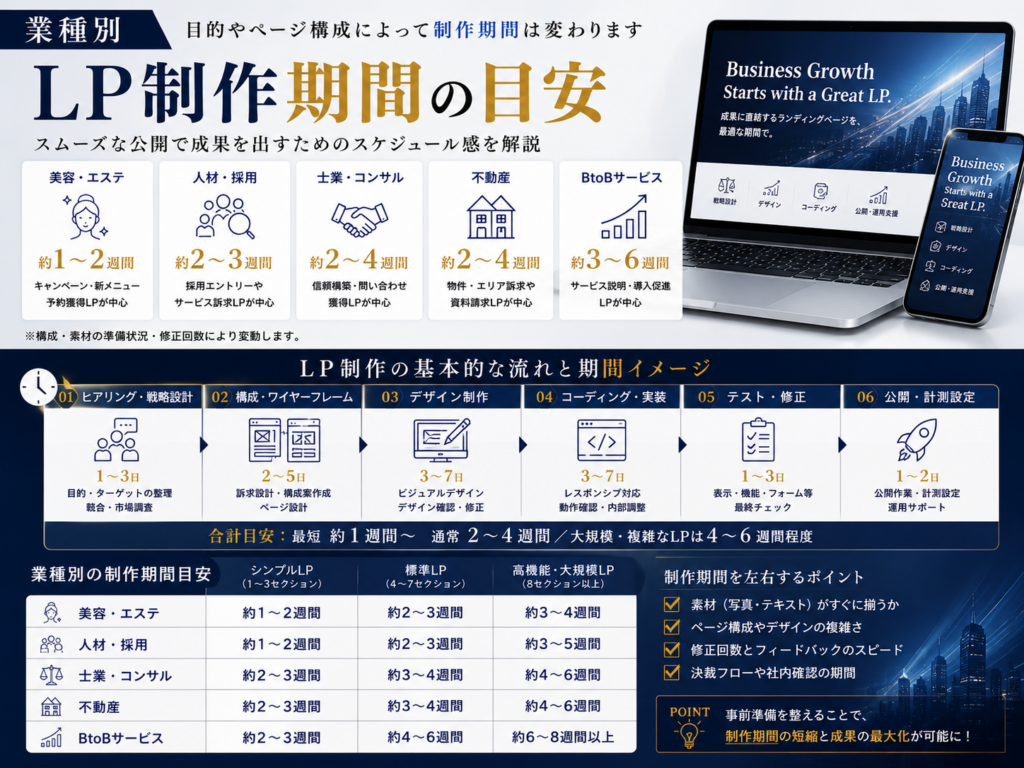 業種別LP制作費用の相場とLP制作期間の目安、制作工程ごとのスケジュールを分かりやすく解説