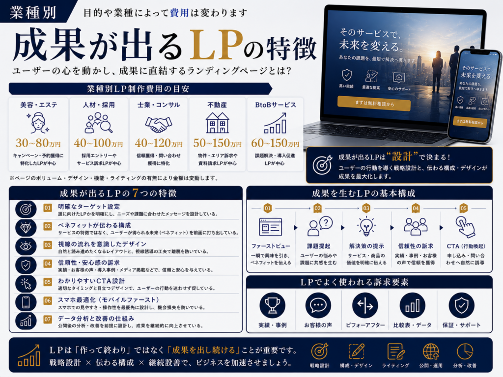 業種別のLP制作費用相場と成果につながるランディングページの特徴や構成を紹介