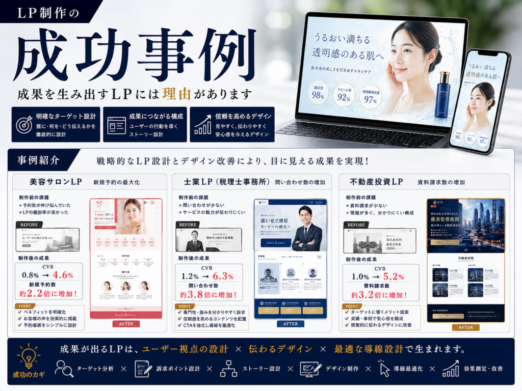 LP制作の成功事例をもとにコンバージョン率（CVR）の改善や問い合わせ数・予約数の増加を解説