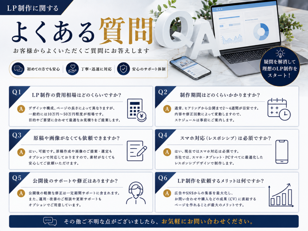 LP制作に関するよくある質問をまとめ、費用相場・制作期間・サポート内容などを分かりやすく解説