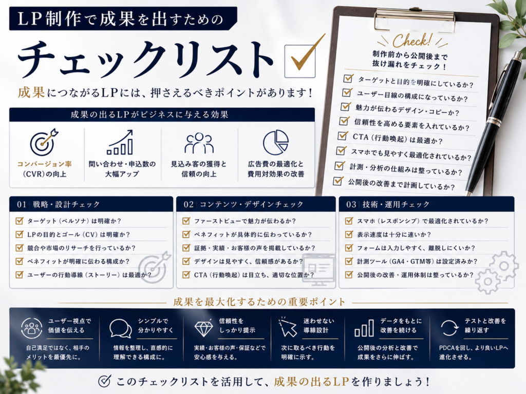 LP制作で成果を出すためのチェックリストをもとに、CV率向上や問い合わせ数アップにつながる重要なポイントを解説