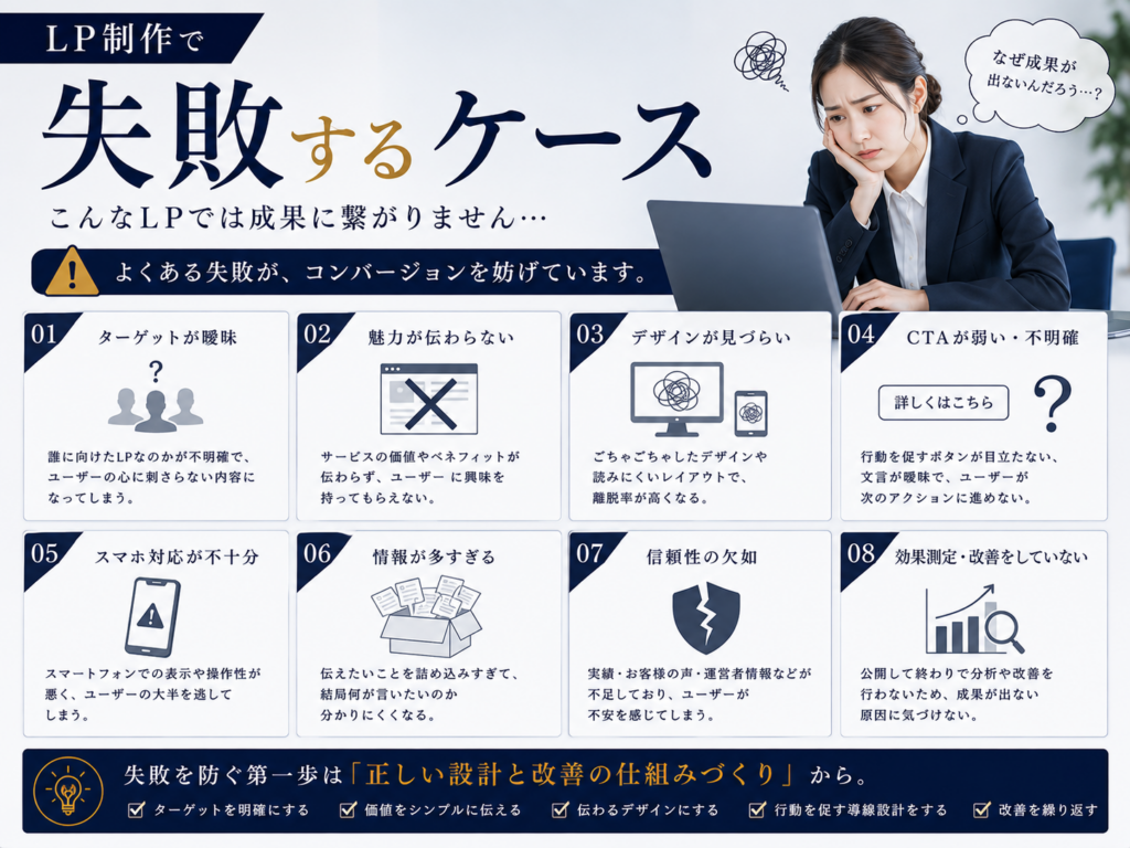LP制作で失敗するケースと成果が出るLP（ランディングページ）の特徴を比較し、コンバージョン率を高めるポイントを解説