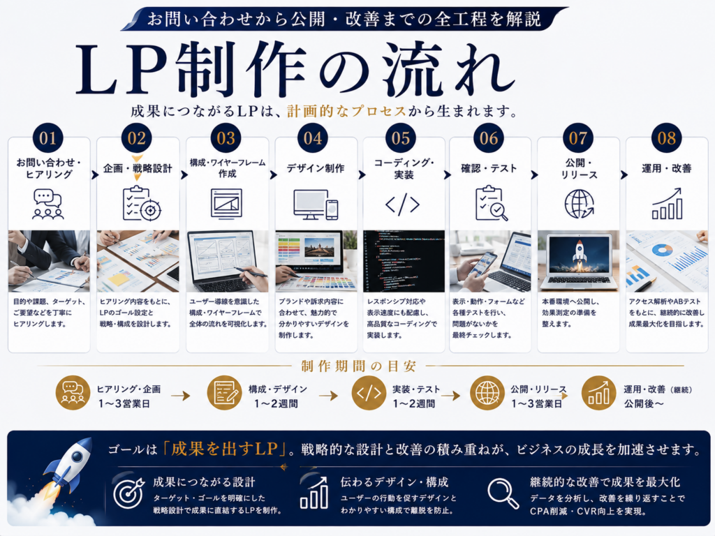 LP制作の流れと業種別LP制作費用の相場、お問い合わせから公開・改善までの全工程を解説