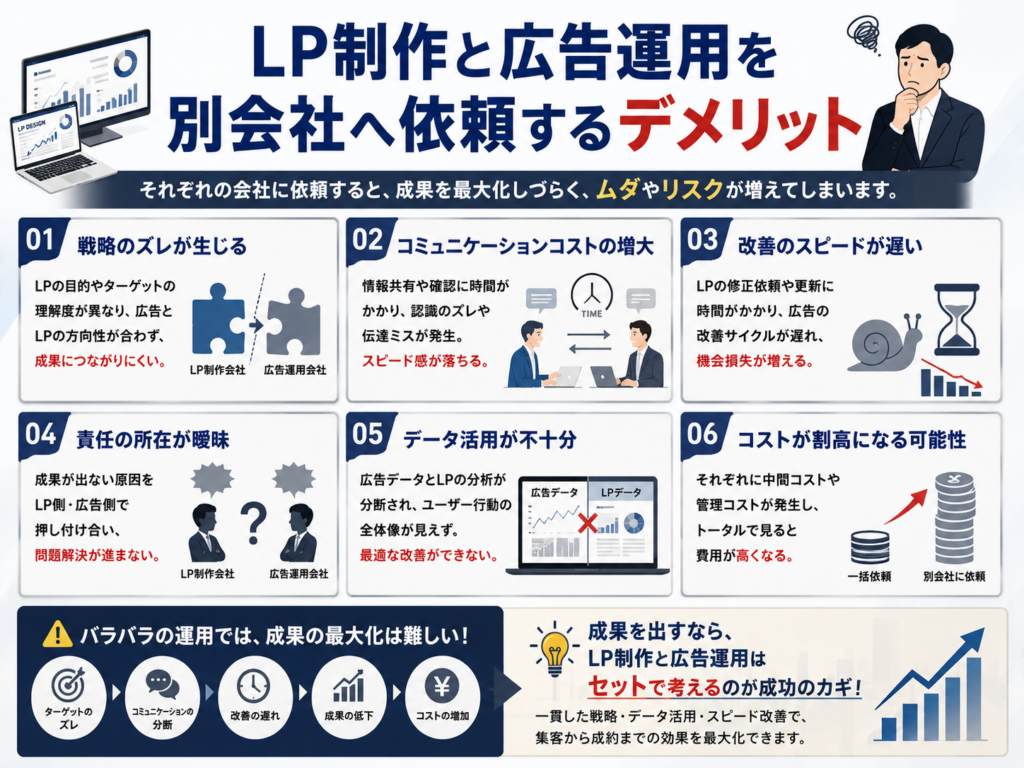 LP制作と広告運用を別会社へ依頼するデメリットや、成果につながりにくい理由を解説