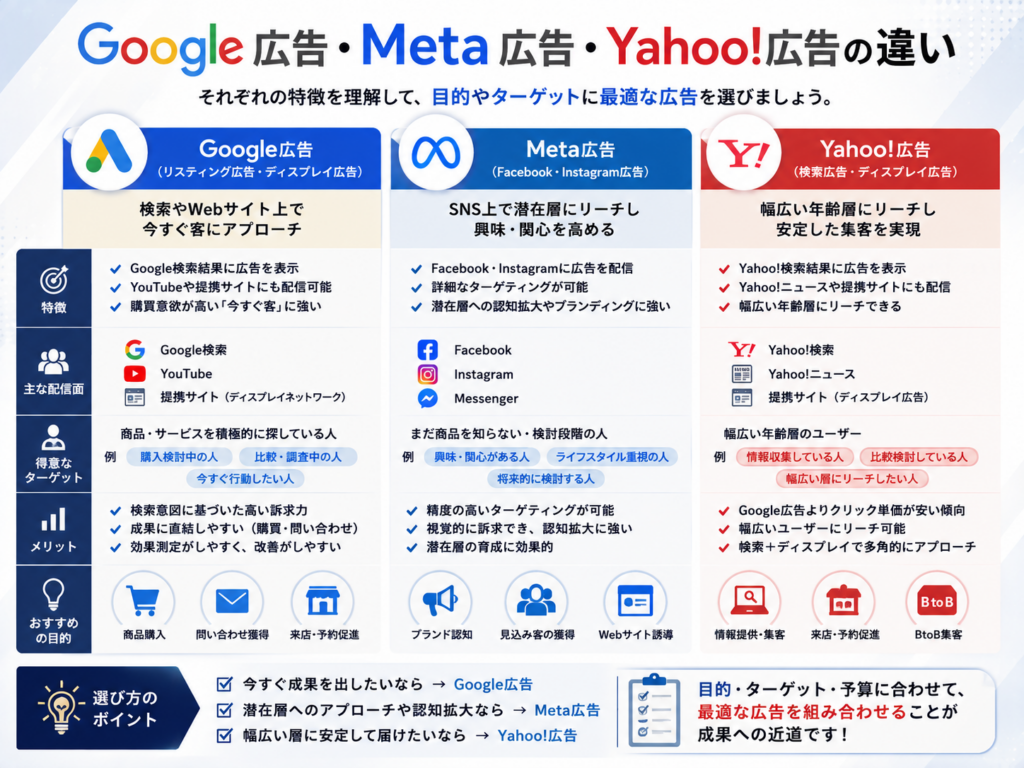 Google広告・Meta広告・Yahoo!広告の違いや特徴、目的別の選び方を比較