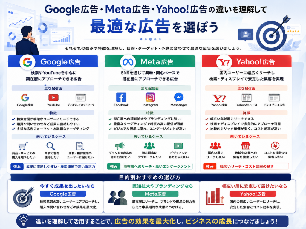 Google広告・Meta広告・Yahoo!広告の違いを理解し、目的やターゲットに合わせた最適な広告の選び方を解説