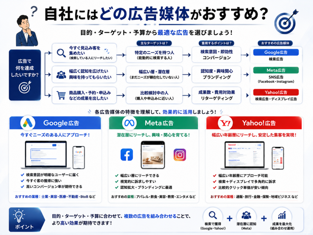 自社にはどの広告媒体がおすすめかを図解で解説｜Google広告・Meta広告・Yahoo!広告の選び方と特徴を比較